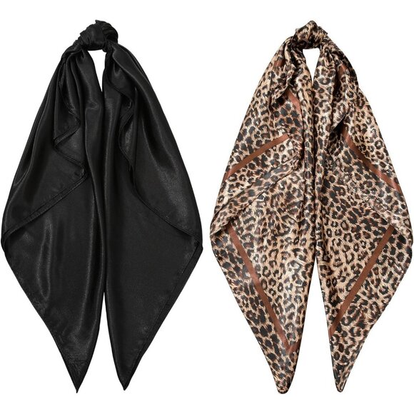 35 Inch Silk Head Scarf 2 Pcs Leopard + Black - Picture 7 of 7